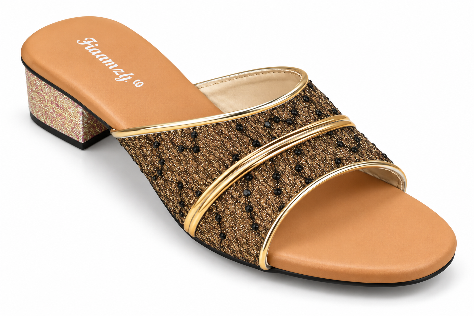 fiaamzy women’s golden glitter embellished open toe block heel mule sandals fiaamzy women’s golden glitter embellished open toe block heel mule sandals